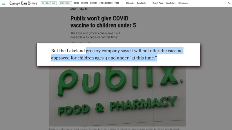 Publix Pharmacies Refuse to Offer Covid Vaccines to Children Under Age 5