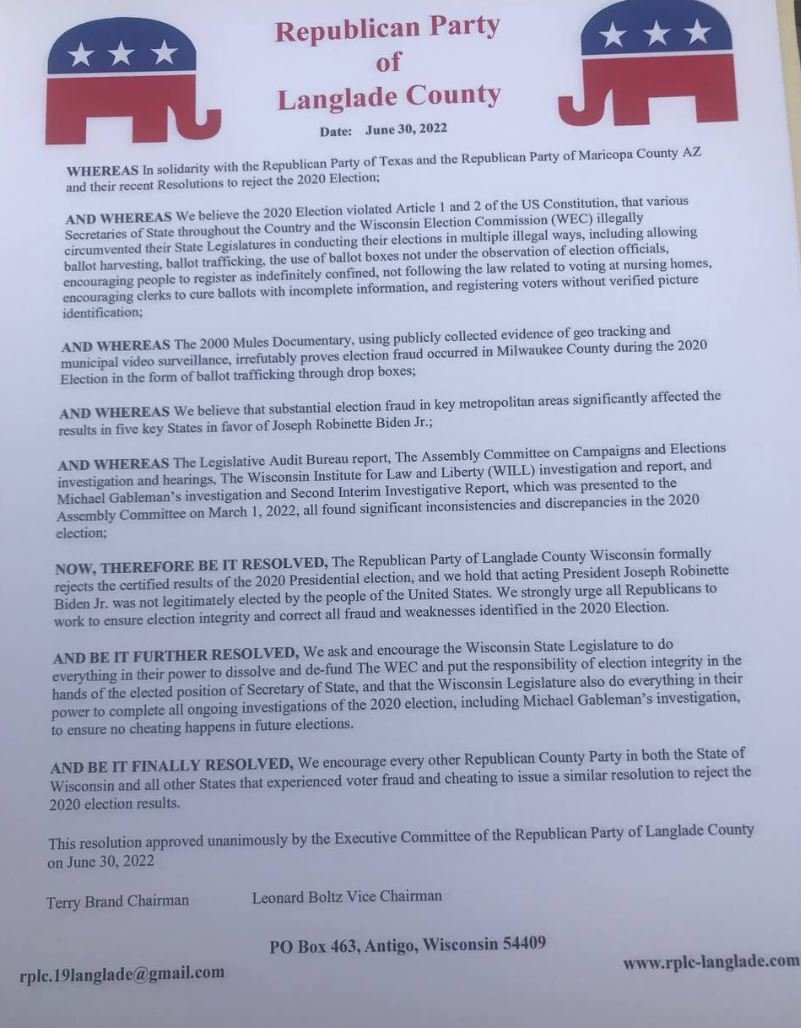 Breaking: Langlade County Wisconsin Joins Texas and Maricopa County Arizona to Unanimously Reject the Results of 2020 Election