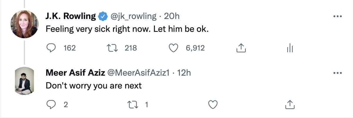 Twitter users are telling JK Rowling "You're next" after she wished fellow author Salman Rushdie well after brutal attack