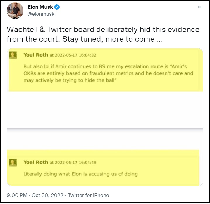 Musk Begins Releasing Internal Notes from Twitter Execs Highlighting Intent to Hide True “Objectives and Key Results” During Lawsuit