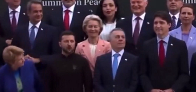 Trudeau shouts 'Slava Ukrani' during Summit on Peace in Ukraine group photo with Zelensky