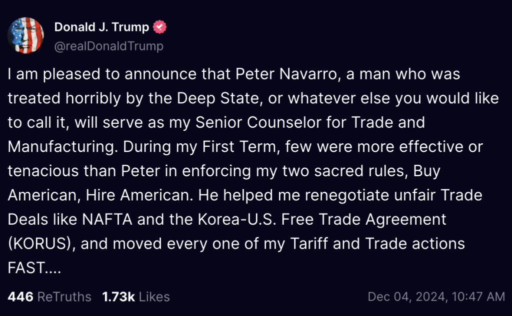 BREAKING: Trump taps Peter Navarro for Senior Counselor for Trade and Manufacturing